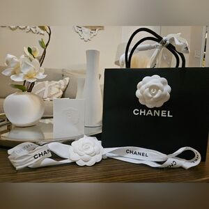 Chanel Black Bag with White Camellia and Ribbon And Receipt Holder